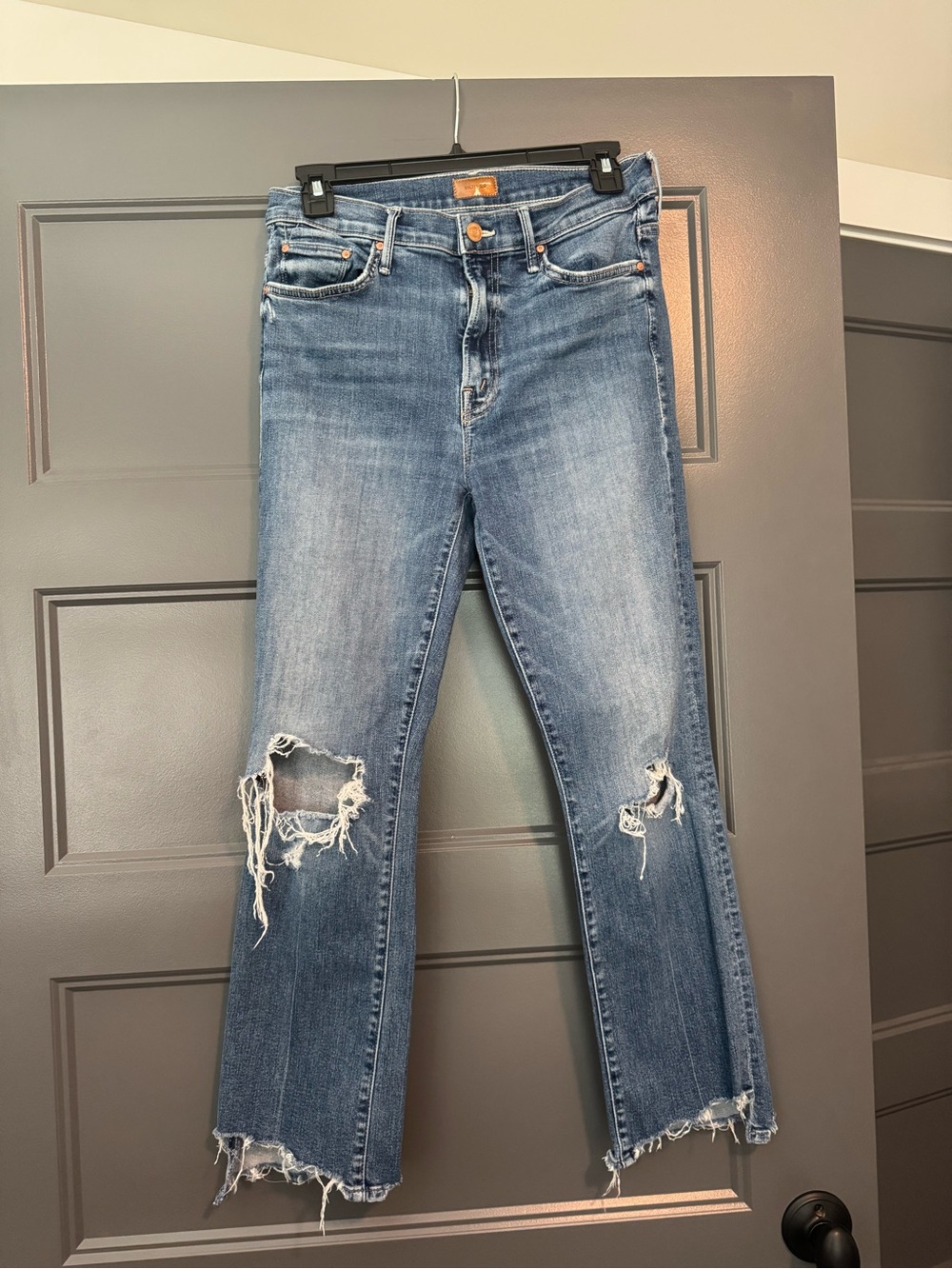 MOTHER Medium Blue Distressed Wide-Leg Jeans